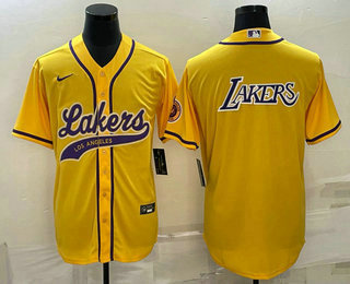 Mens Los Angeles Lakers Yellow Big Logo Cool Base Stitched Baseball Jerseys->->NBA Jersey